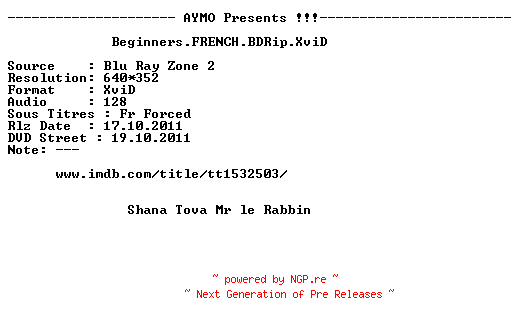 NFO for the release Beginners.FRENCH.BDRip.XviD-AYMO by AYMO