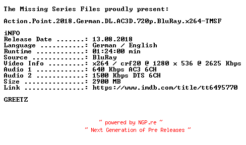 NFO for the release Action.Point.2018.German.DL.AC3D.720p.BluRay.x264-TMSF by TMSF