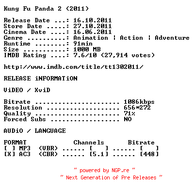 NFO for the release Kung.Fu.Panda.2.German.2011.AC3.BDRip.XviD-OBLiGATED by OBLiGATED