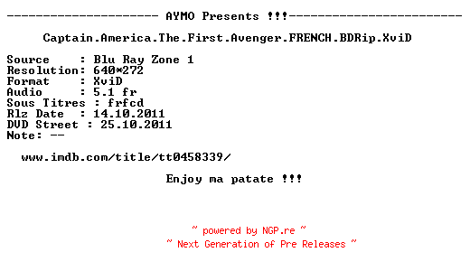 NFO for the release Captain.America.The.First.Avenger.FRENCH.BDRip.XviD-AYMO by AYMO