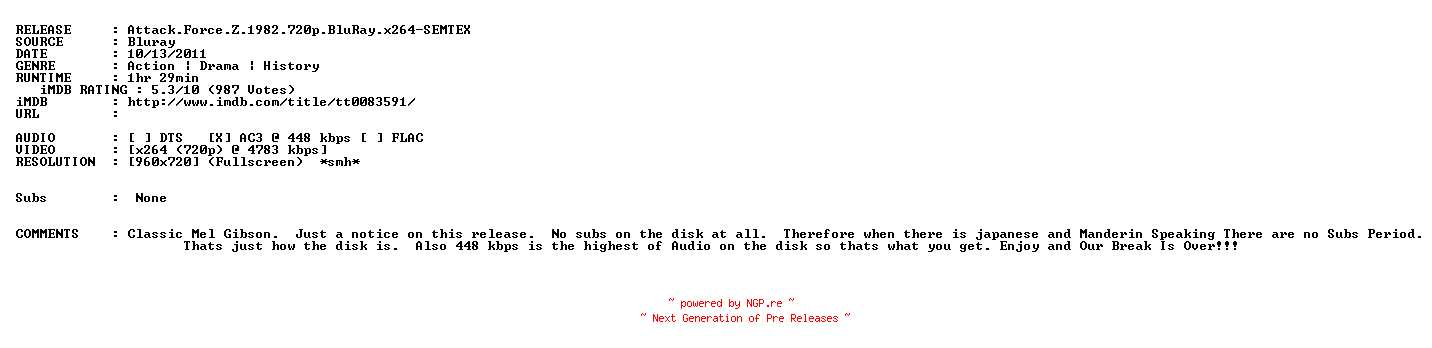NFO for the release Attack.Force.Z.1982.720p.BluRay.x264-SEMTEX by SEMTEX