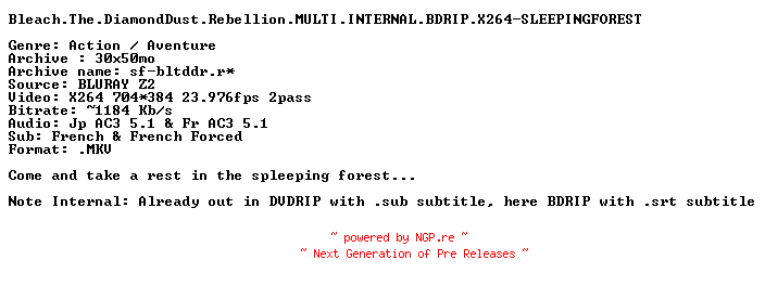 NFO for the release Bleach.The.DiamondDust.Rebellion.MULTI.INTERNAL.BDRIP.X264-SLEEPINGFOREST by SLEEPINGFOREST