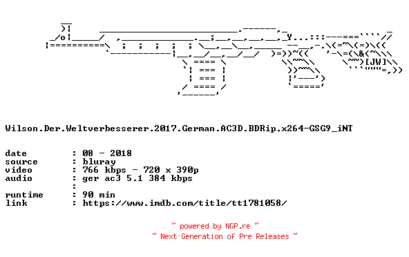 NFO for the release Wilson.Der.Weltverbesserer.2017.German.AC3D.BDRip.x264-GSG9_iNT by GSG9_iNT