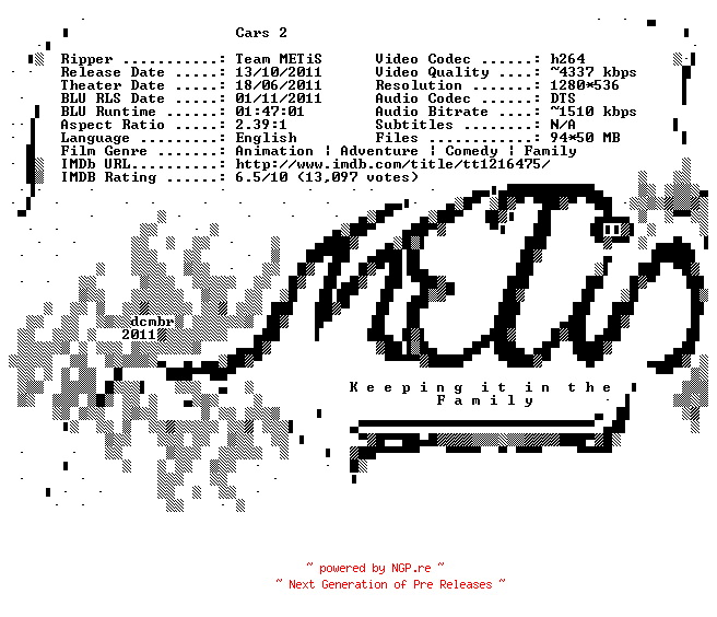 NFO for the release Cars.2.720p.BluRay.x264-METiS by METiS