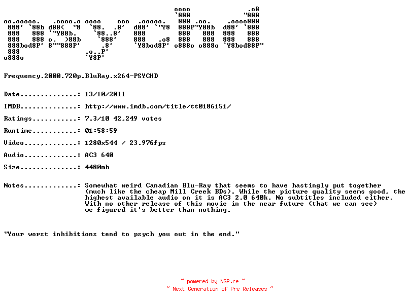 NFO for the release Frequency.2000.720p.BluRay.x264-PSYCHD by PSYCHD