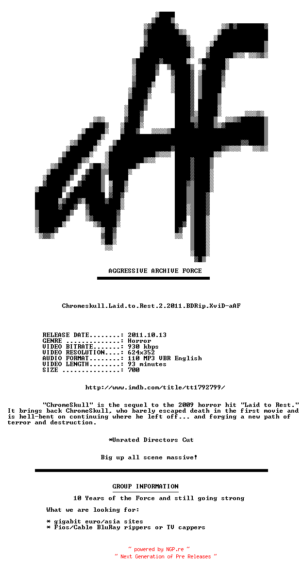NFO for the release Chromeskull.Laid.to.Rest.2.2011.BDRip.XviD-aAF by aAF