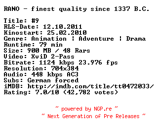 NFO for the release 9.German.2009.AC3.BDRiP.XviD.iNTERNAL-RANO by RANO