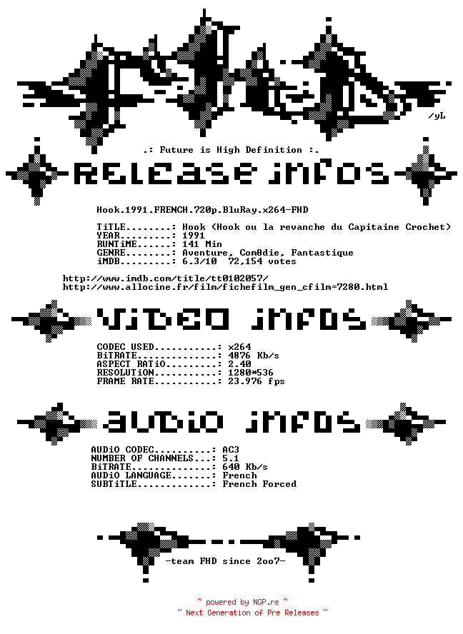 NFO for the release Hook.1991.FRENCH.720p.BluRay.x264-FHD by FHD