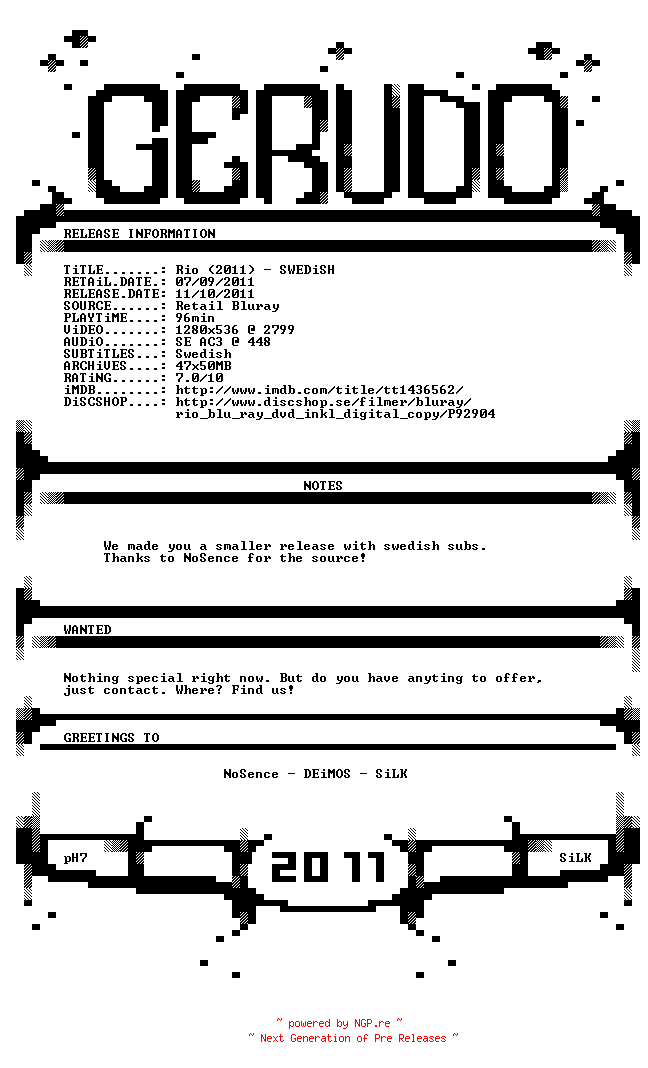NFO for the release Rio.2011.iNTERNAL.SWEDiSH.720p.BluRay.x264-GERUDO by GERUDO