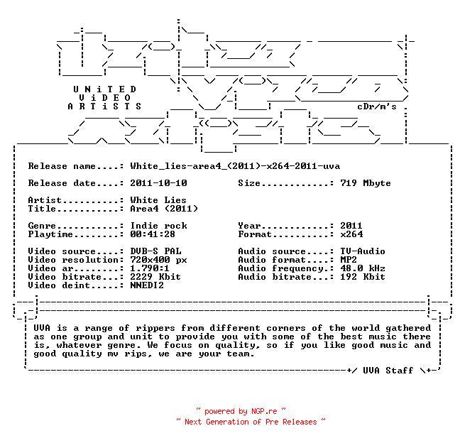 NFO for the release White_lies-area4_(2011)-x264-2011-uva by uva