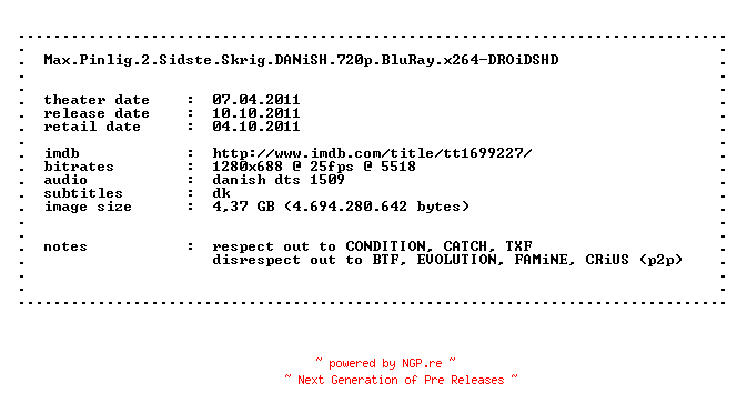 NFO for the release Max.Pinlig.2.Sidste.Skrig.DANiSH.720p.BluRay.x264-DROiDSHD by DROiDSHD