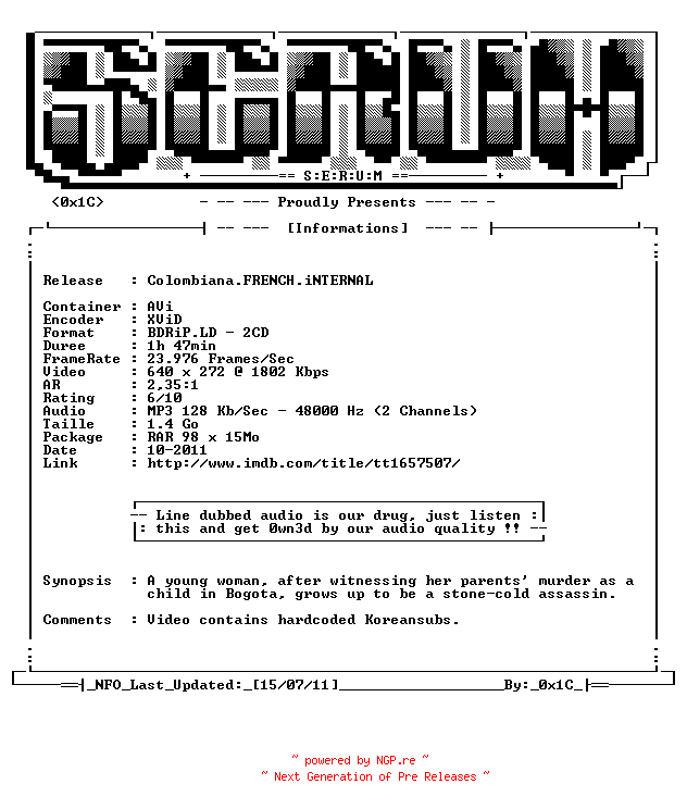 NFO for the release Colombiana.FRENCH.READNFO.BDRiP.LD.XViD-SERUM by SERUM