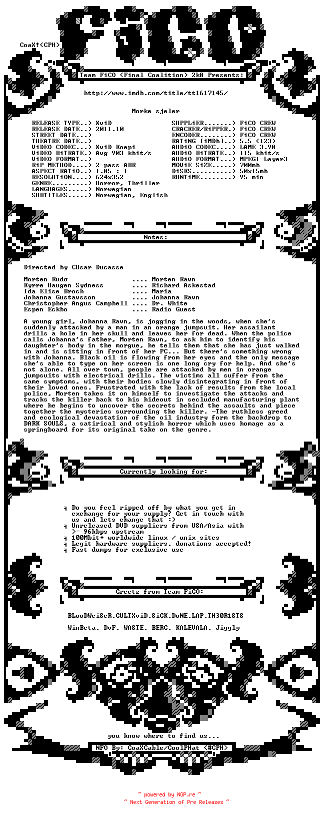 NFO for the release Morke.Sjeler.2010.BDRip.XviD-FiCO by FiCO