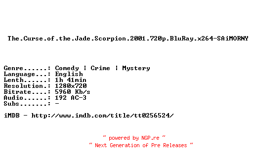 NFO for the release The.Curse.of.the.Jade.Scorpion.2001.720p.BluRay.x264-SAiMORNY by SAiMORNY