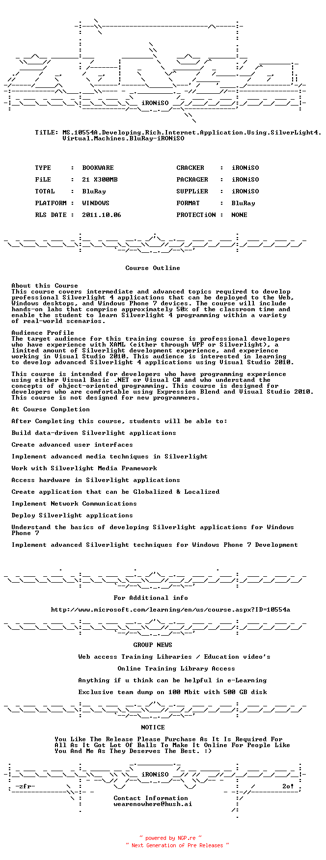 NFO for the release MS.10554A.Developing.Rich.Internet.Application.Using.SilverLight4.Virtual.Machines.BluRay-iRONiSO by iRONiSO