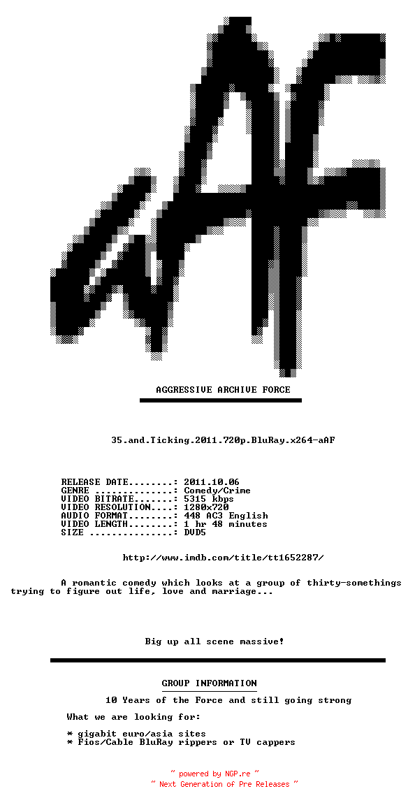 NFO for the release 35.and.Ticking.2011.720p.BluRay.x264-aAF by aAF