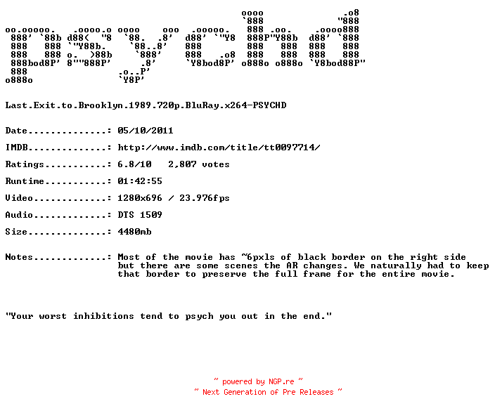 NFO for the release Last.Exit.to.Brooklyn.1989.720p.BluRay.x264-PSYCHD by PSYCHD