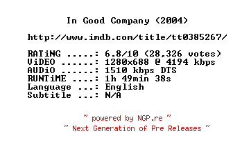 NFO for the release In.Good.Company.2004.720p.BluRay.x264-MELiTE by MELiTE