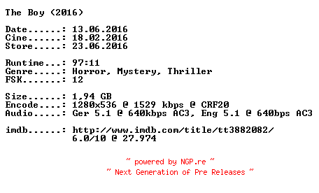 NFO for the release The.Boy.2016.German.DL.720p.BluRay.x264-CiNEViSiON by CiNEViSiON