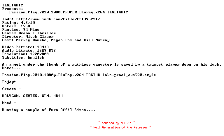 NFO for the release Passion.Play.2010.1080.PROPER.BluRay.x264-TENEIGHTY by TENEIGHTY