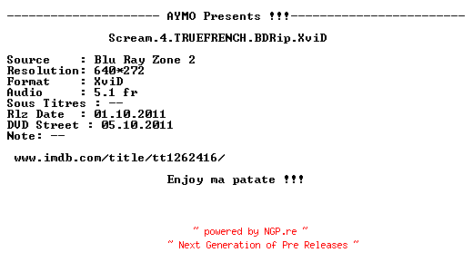 NFO for the release Scream.4.TRUEFRENCH.BDRip.XviD-AYMO by AYMO