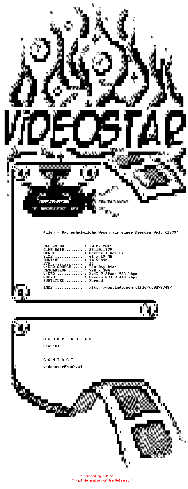 NFO for the release Alien.German.1979.AC3.BDRip.XviD.iNTERNAL-VideoStar by VideoStar