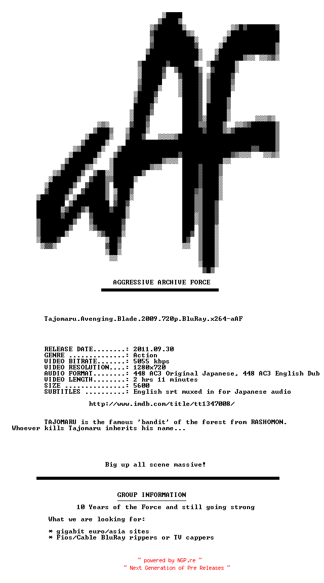 NFO for the release Tajomaru.Avenging.Blade.2009.720p.BluRay.x264-aAF by aAF