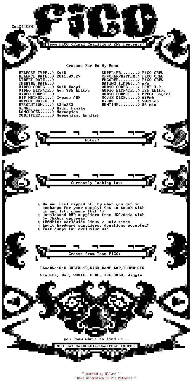 NFO for the release Gratass.Far.En.Ny.Venn.2011.BDRip.XviD-FiCO by FiCO