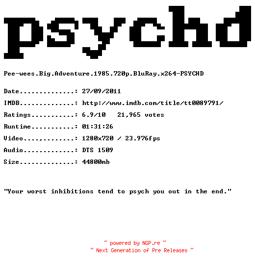 NFO for the release Pee-wees.Big.Adventure.1985.720p.BluRay.x264-PSYCHD by PSYCHD