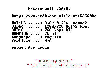 NFO for the release Monsterwolf.2010.720p.Bluray.x264.REPACK-MELiTE by MELiTE