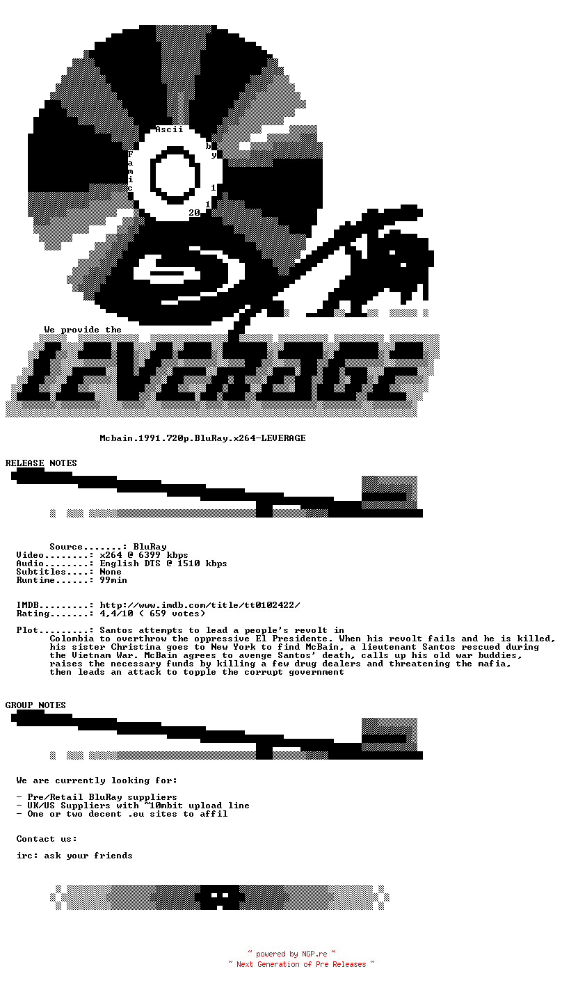 NFO for the release Mcbain.1991.720p.BluRay.x264-LEVERAGE by LEVERAGE