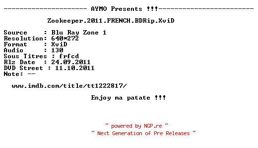 NFO for the release Zookeeper.2011.FRENCH.BDRip.XviD-AYMO by AYMO