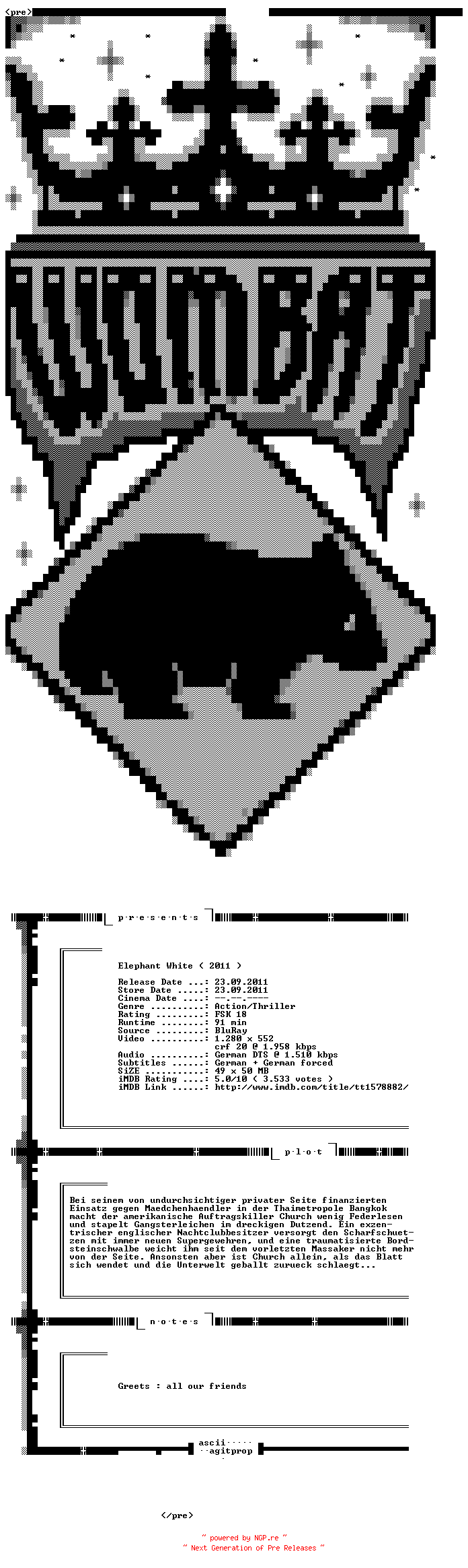 NFO for the release Elephant.White.2011.German.720p.BluRay.x264-WOMBAT by WOMBAT