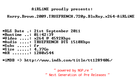 NFO for the release Harry.Brown.2009.TRUEFRENCH.720p.BluRay.x264-AiRLiNE by AiRLiNE