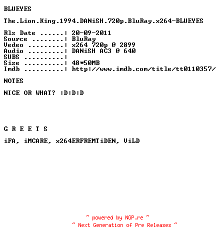 NFO for the release The.Lion.King.1994.DANiSH.720p.BluRay.x264-BLUEYES by BLUEYES