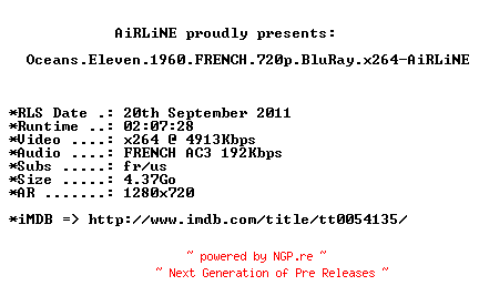 NFO for the release Oceans.Eleven.1960.FRENCH.720p.BluRay.x264-AiRLiNE by AiRLiNE