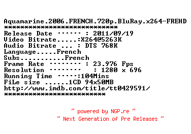 NFO for the release Aquamarine.2006.FRENCH.720p.BluRay.x264-FREHD by FREHD
