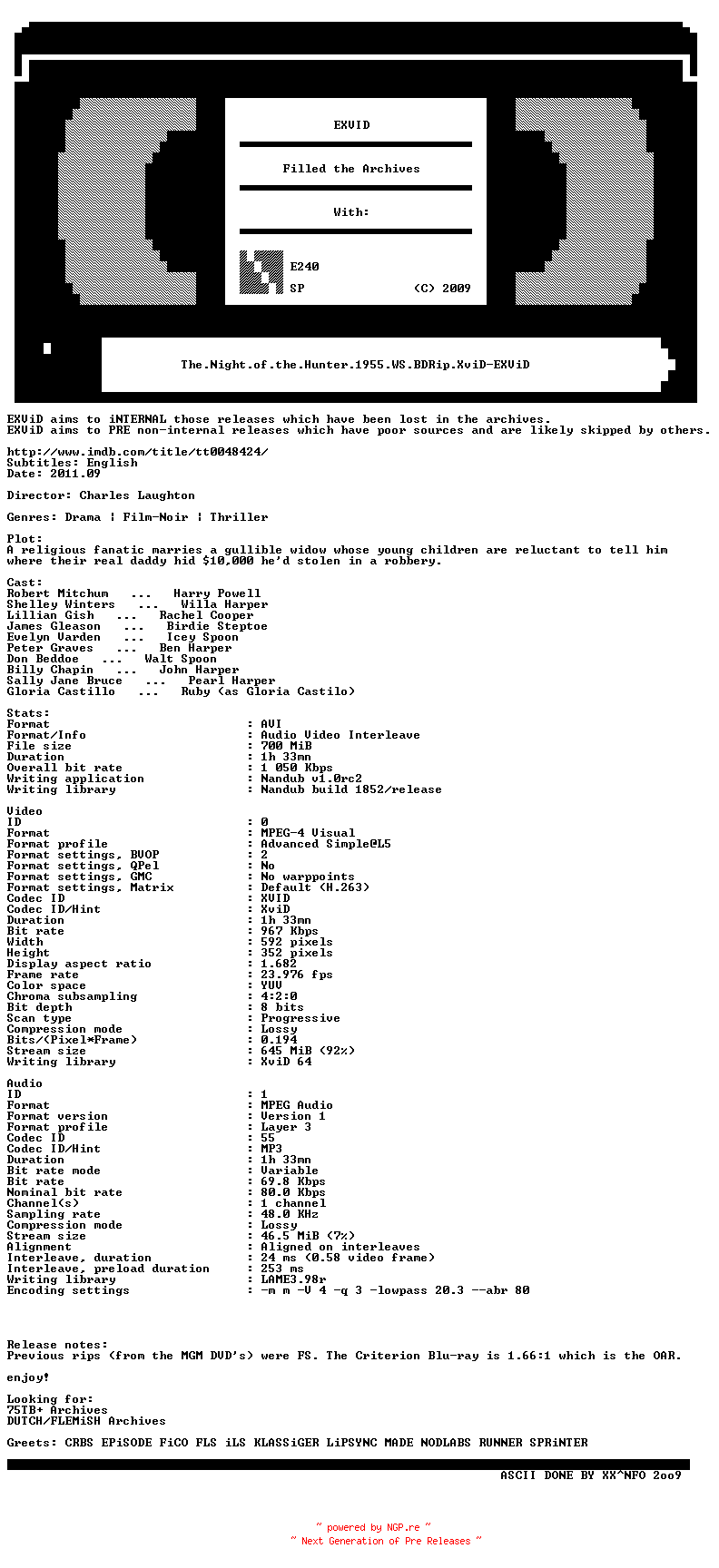 NFO for the release The.Night.of.the.Hunter.1955.WS.BDRip.XviD-EXViD by EXViD