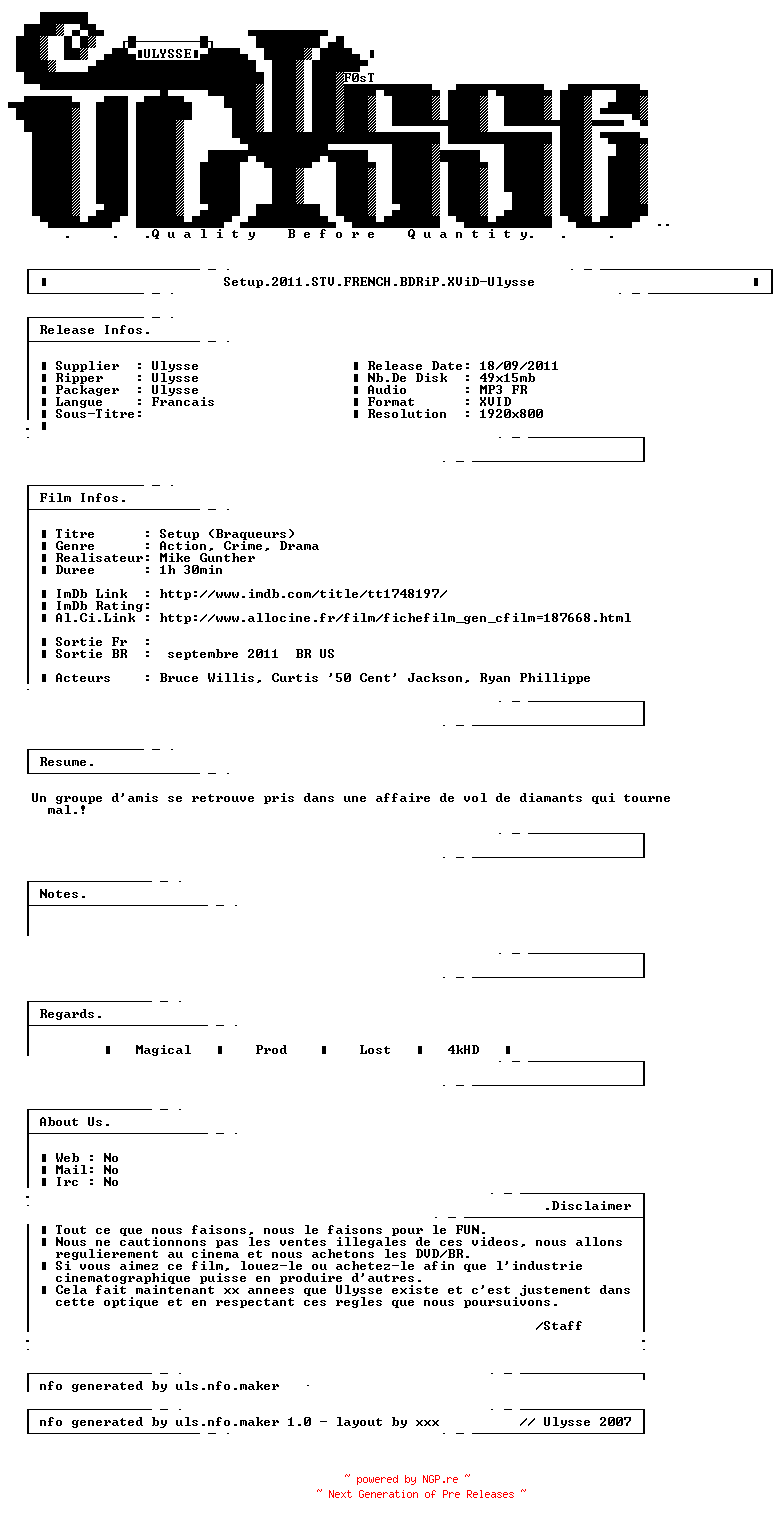 NFO for the release Setup.2011.STV.FRENCH.BDRiP.XViD-Ulysse by Ulysse