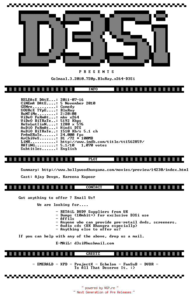 NFO for the release Golmaal.3.2010.720p.BluRay.x264-D3Si by D3Si
