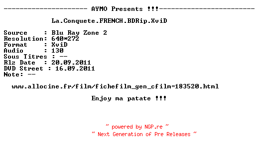 NFO for the release La.Conquete.FRENCH.BDRip.XviD-AYMO by AYMO