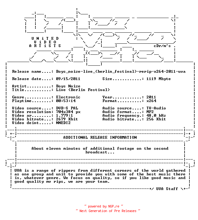 NFO for the release Boys_noize-live_(berlin_festival)-rerip-x264-2011-uva by uva