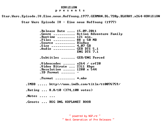 NFO for the release Star.Wars.Episode.IV.Eine.neue.Hoffnung.1977.GERMAN.DL.720p.BLURAY.x264-HDViSiON by HDViSiON