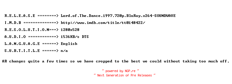 NFO for the release Lord.of.The.Dance.1997.720p.BluRay.x264-SOUNDWAVE by SOUNDWAVE