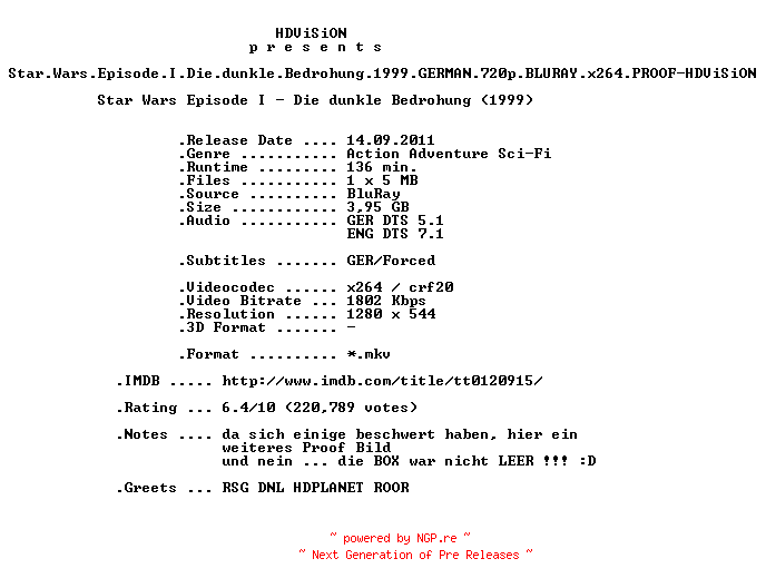 NFO for the release Star.Wars.Episode.I.Die.dunkle.Bedrohung.1999.GERMAN.DL.720p.BLURAY.x264.PROOF-HDViSiON by HDViSiON