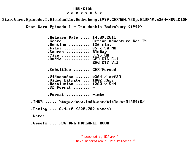NFO for the release Star.Wars.Episode.I.Die.dunkle.Bedrohung.1999.GERMAN.DL.720p.BLURAY.x264-HDViSiON by HDViSiON