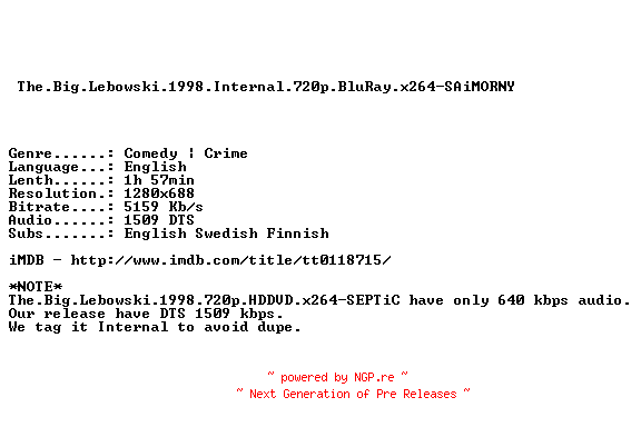 NFO for the release The.Big.Lebowski.1998.Internal.720p.BluRay.x264-SAiMORNY by SAiMORNY