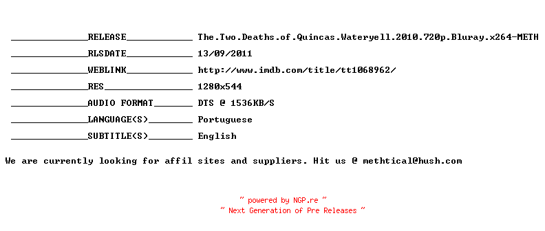 NFO for the release The.Two.Deaths.of.Quincas.Wateryell.2010.720p.Bluray.x264-METH by METH