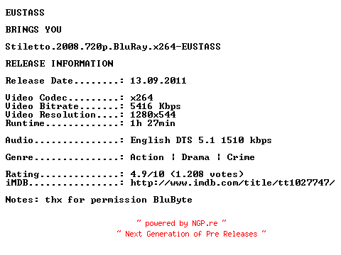 NFO for the release Stiletto.2008.720p.BluRay.x264-EUSTASS by EUSTASS