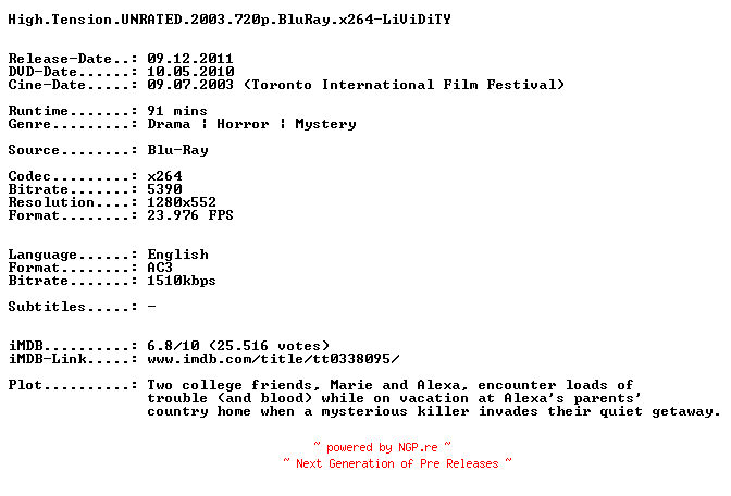 NFO for the release High.Tension.UNRATED.2003.720p.BluRay.x264-LiViDiTY by LiViDiTY